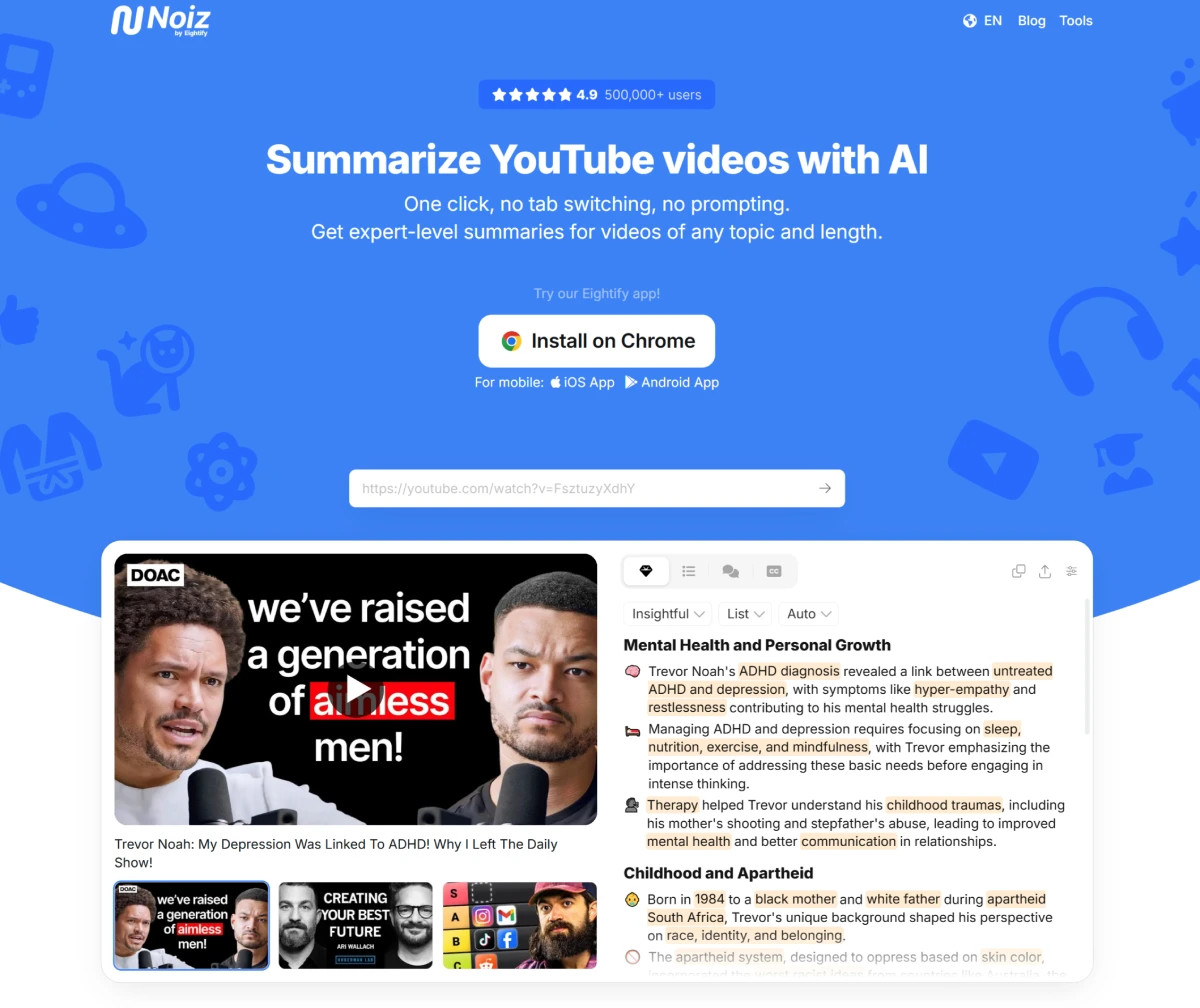 Noiz.io:AI驱动的YouTube视频摘要工具 Noiz.io