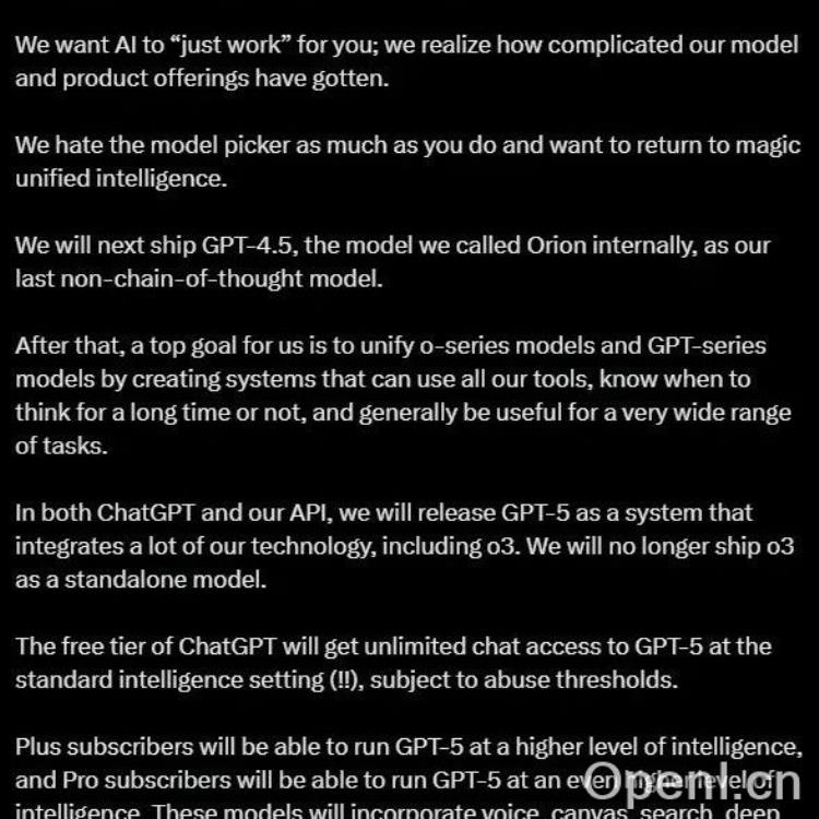 OpenAI重磅发布:GPT-5即将免费无限使用,GPT-4.5 Orion压轴登场